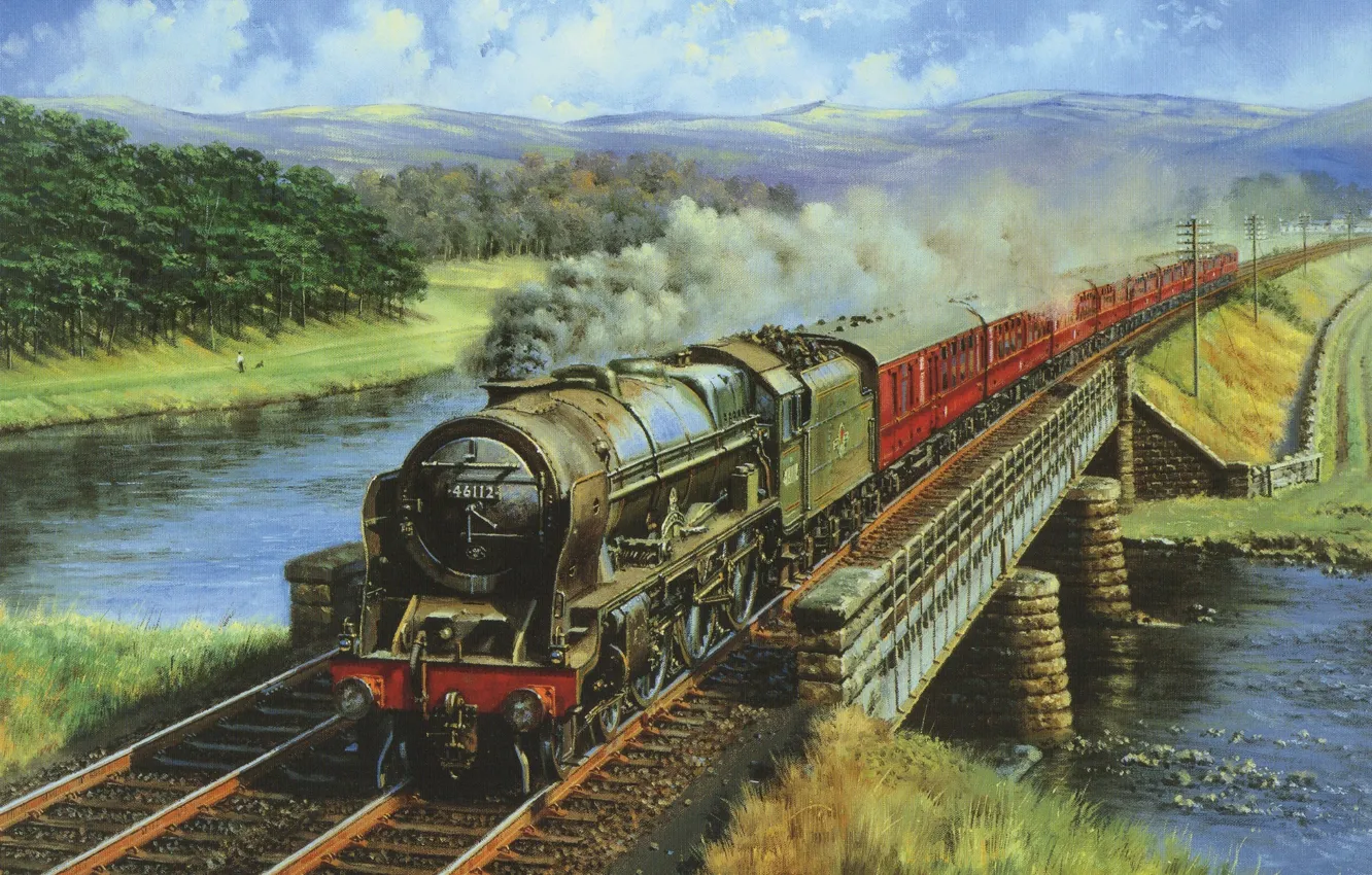 Photo wallpaper bridge, nature, river, smoke, rails, cars, Train