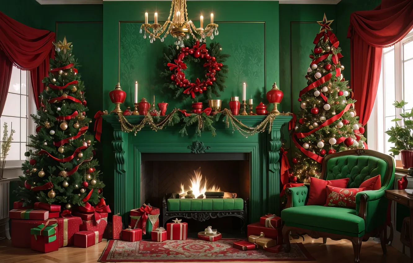 Photo wallpaper decoration, room, gift, balls, tree, new year, interior, Christmas