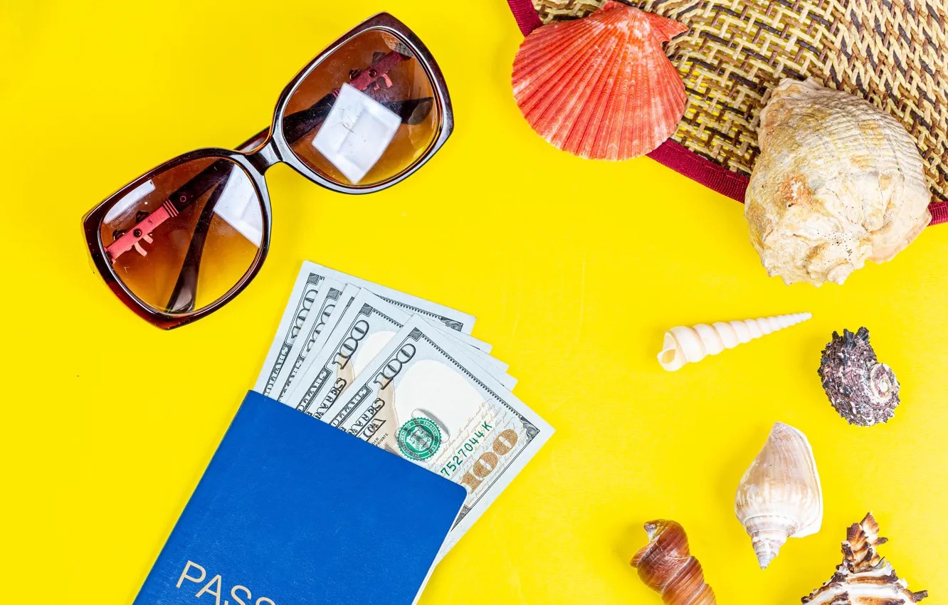Photo wallpaper money, glasses, shell, dollars, yellow background, passport