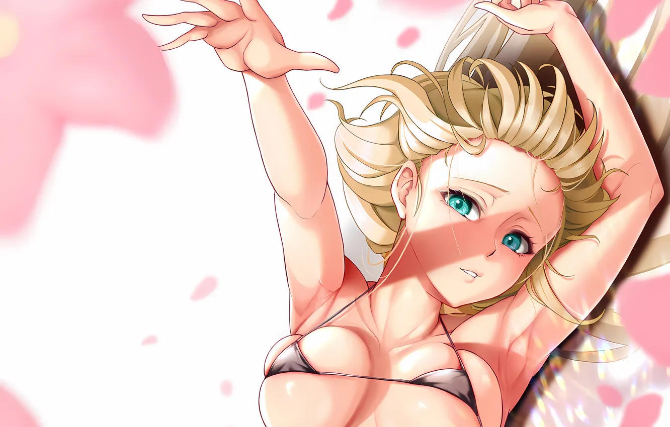 Photo wallpaper girl, sexy, cleavage, green eyes, long hair, boobs, anime, beautiful