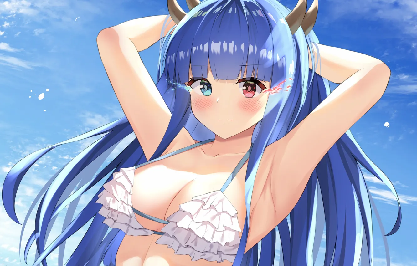 Photo wallpaper girl, sexy, cleavage, horns, long hair, boobs, anime, beautiful