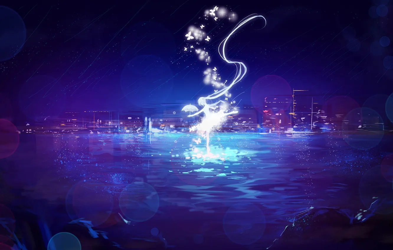 Photo wallpaper water, girl, the city, butterfly, home, umbrella, anime, art