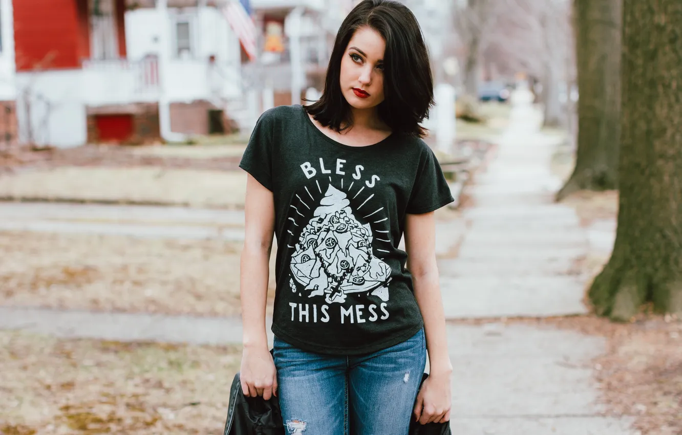 Photo wallpaper jeans, brunette, t-shirt