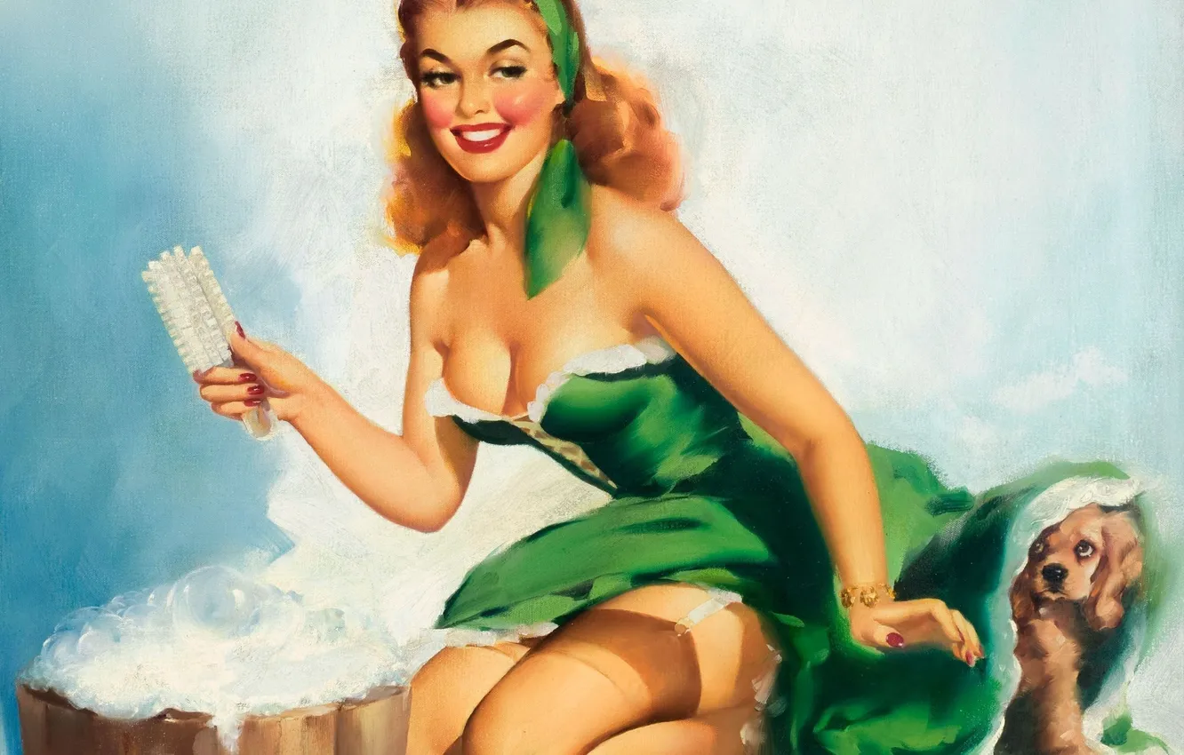 Photo wallpaper girl, green, retro, dog, stockings, dress, puppy, red