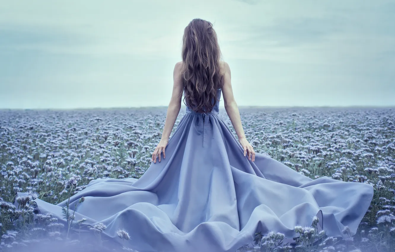 Photo wallpaper nature, train, dress, girl. back