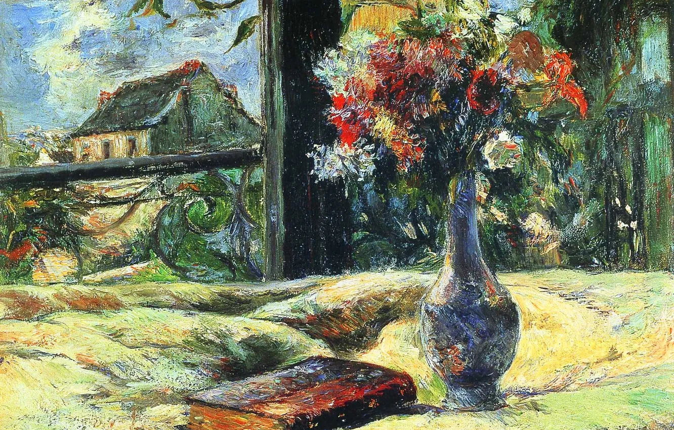 Photo wallpaper flowers, bouquet, picture, book, vase, house, still life, Paul Gauguin