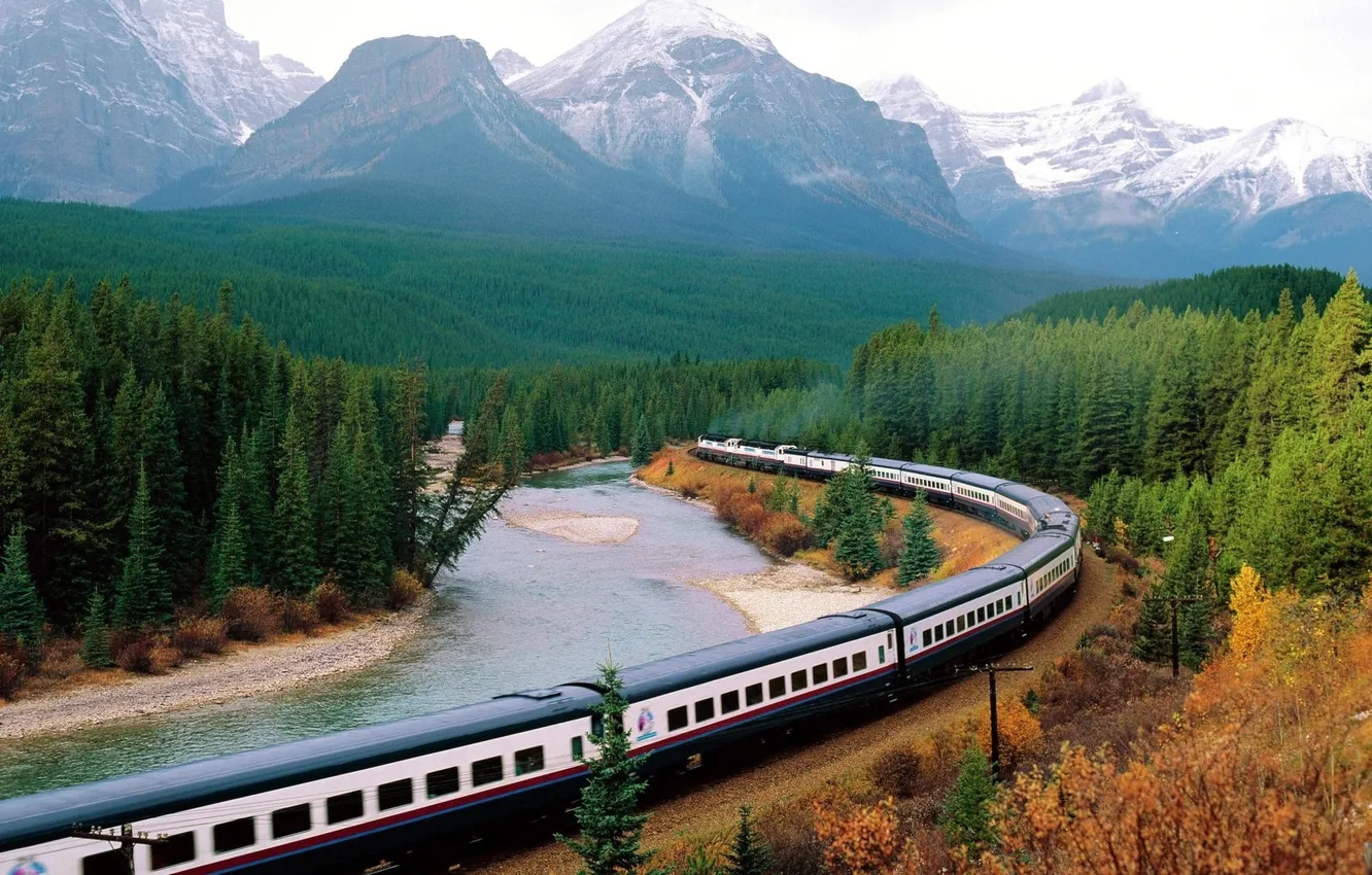 Photo wallpaper forest, mountains, nature, river, train, cars, composition