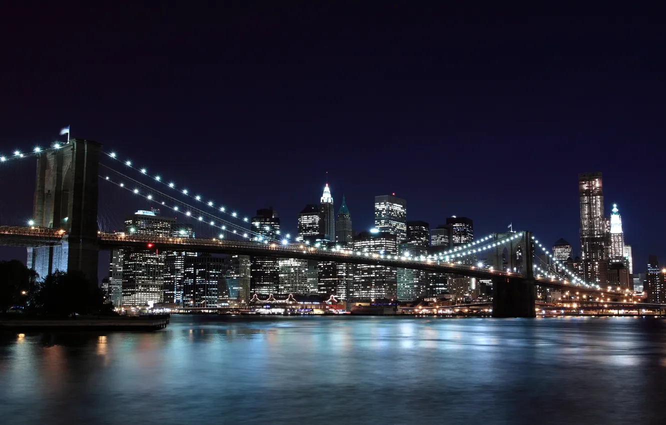 Photo wallpaper night, the city, lights, New York, Brooklyn bridge, New York, Brooklyn Bridge