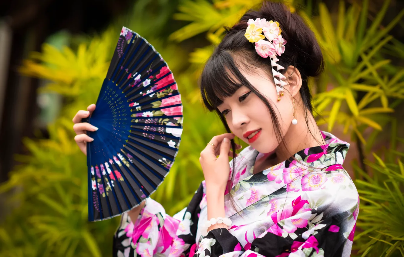 Photo wallpaper girl, fan, kimono, Asian