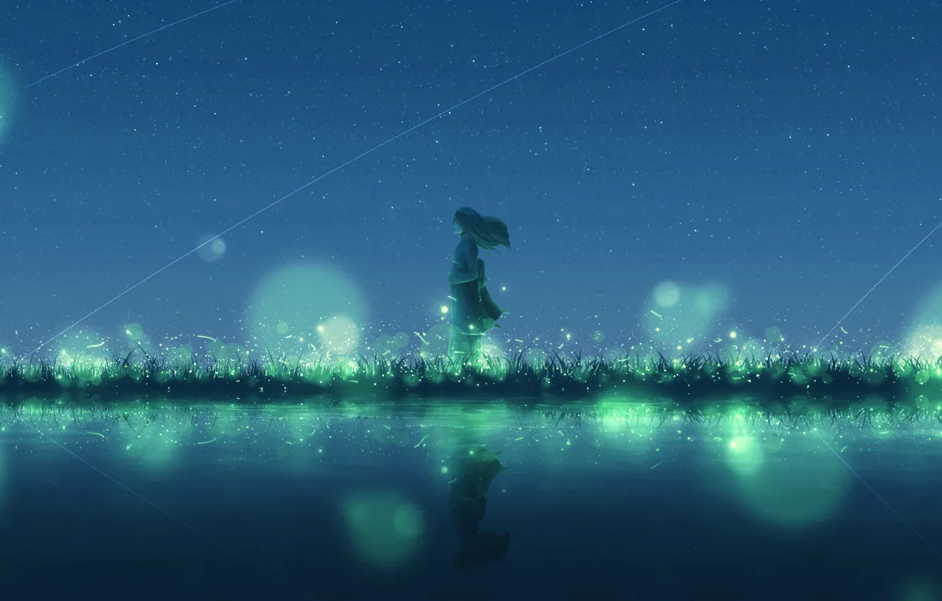 Photo wallpaper water, girl, night, fireflies