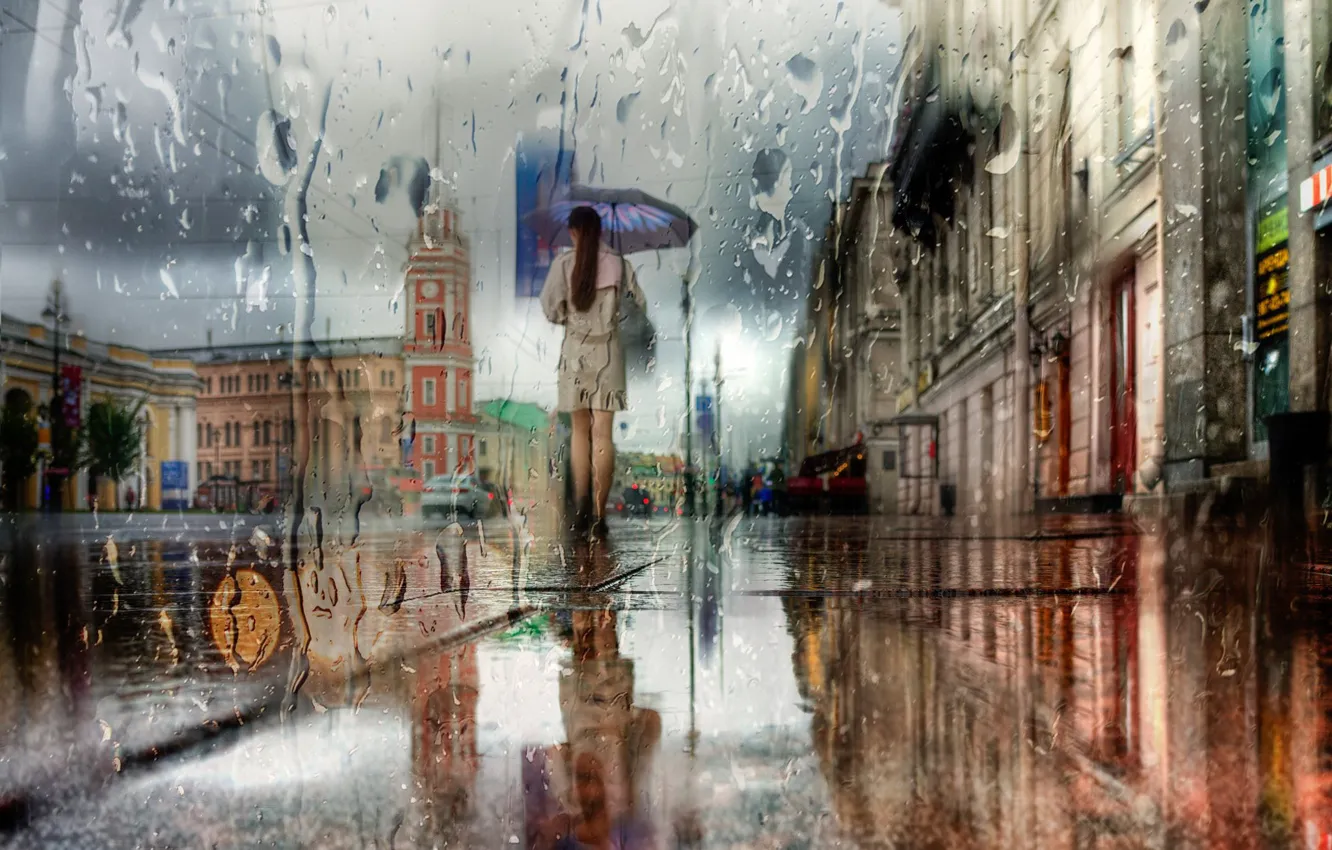 Photo wallpaper girl, the city, house, reflection, street, the building, Rain