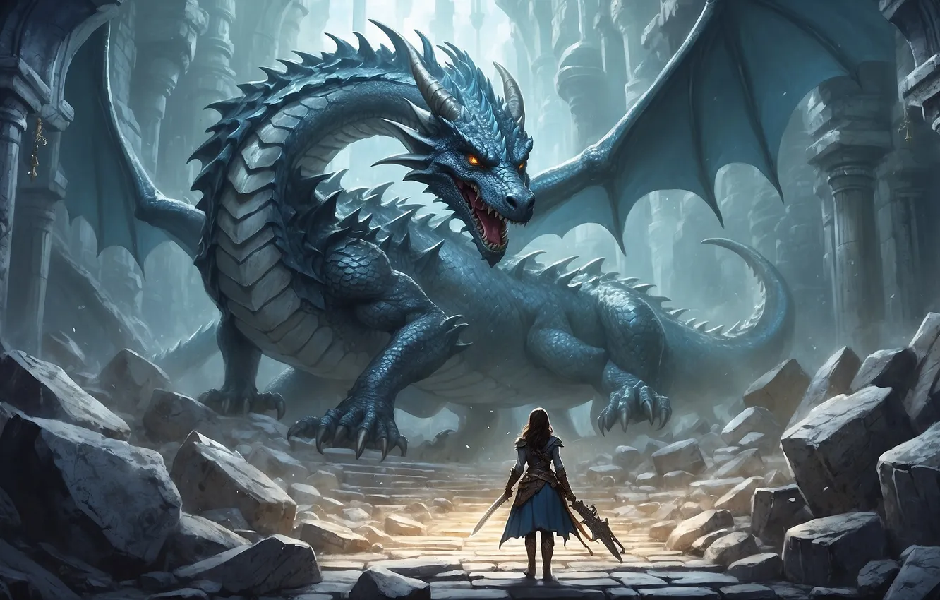 Photo wallpaper girl, stones, dragon