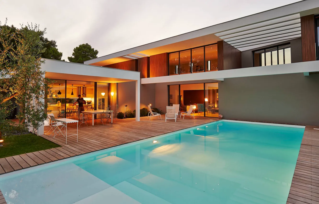 Photo wallpaper France, Villa, the evening, pool, lighting, architecture, terrace, Bordeaux