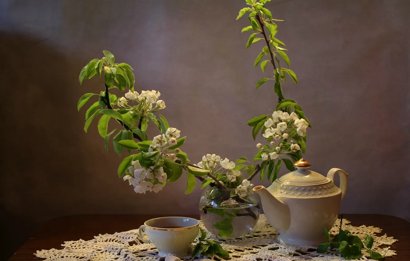 Photo wallpaper branches, tea, kettle, Cup, still life, flowering, pear