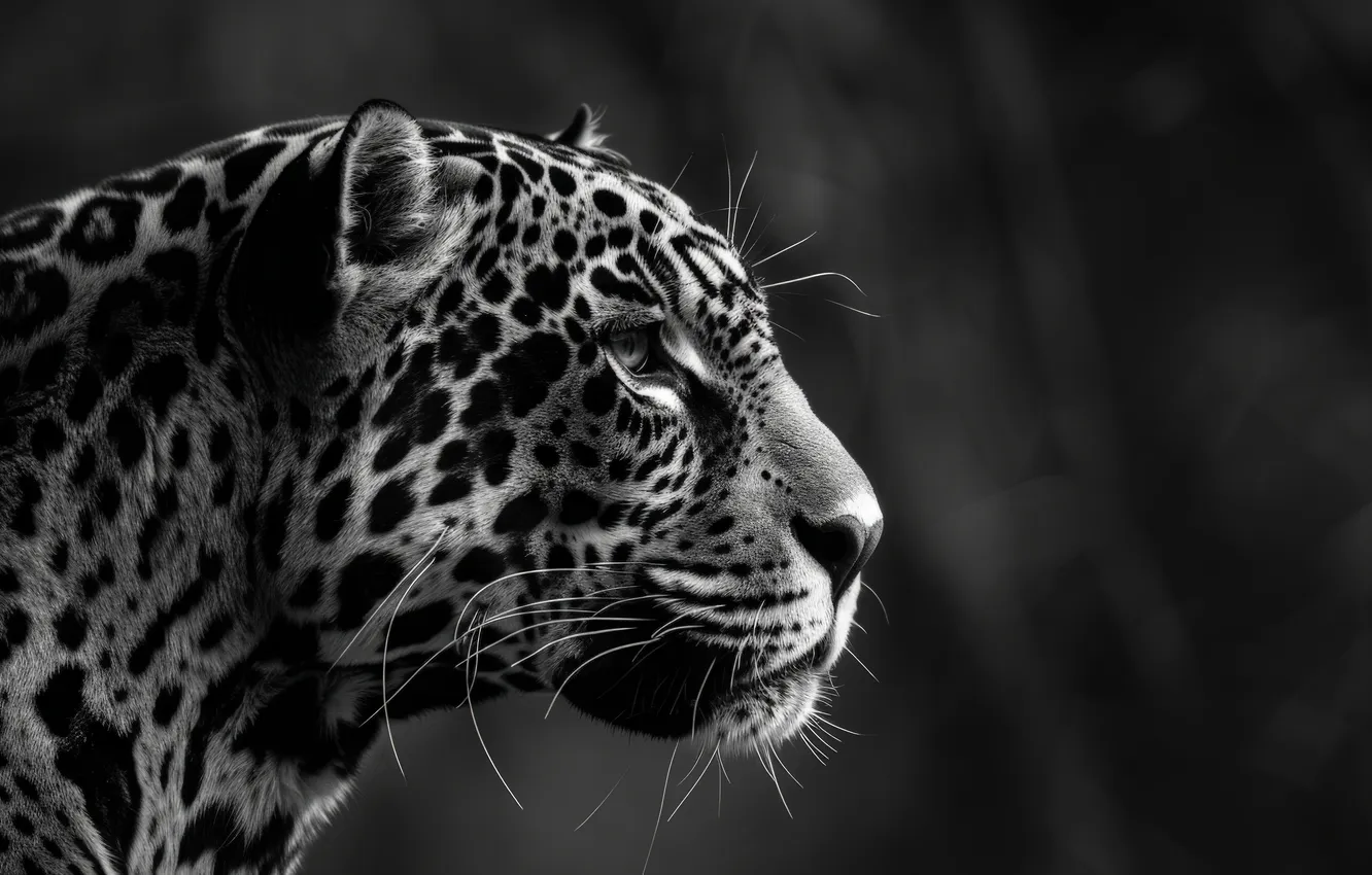 Photo wallpaper look, face, predator, Jaguar, black and white, side, big cat, digital art