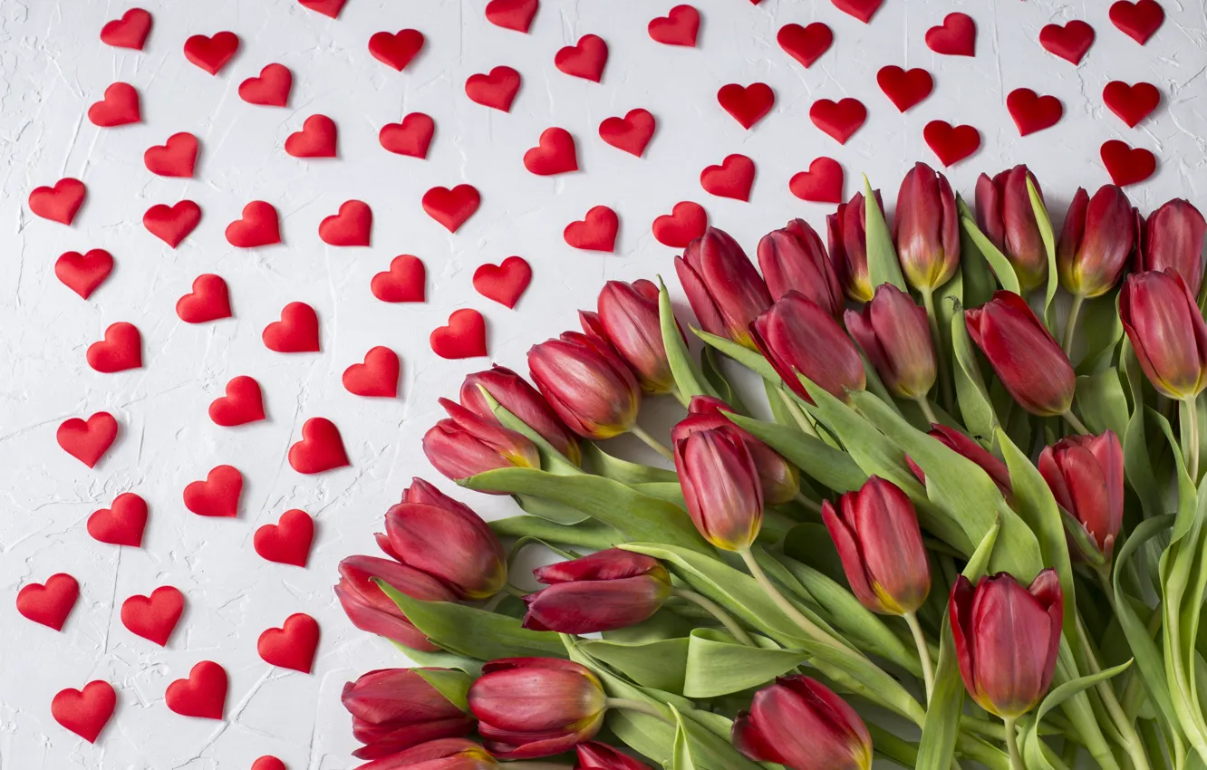 Photo wallpaper love, bouquet, hearts, tulips, red, red, love, wood