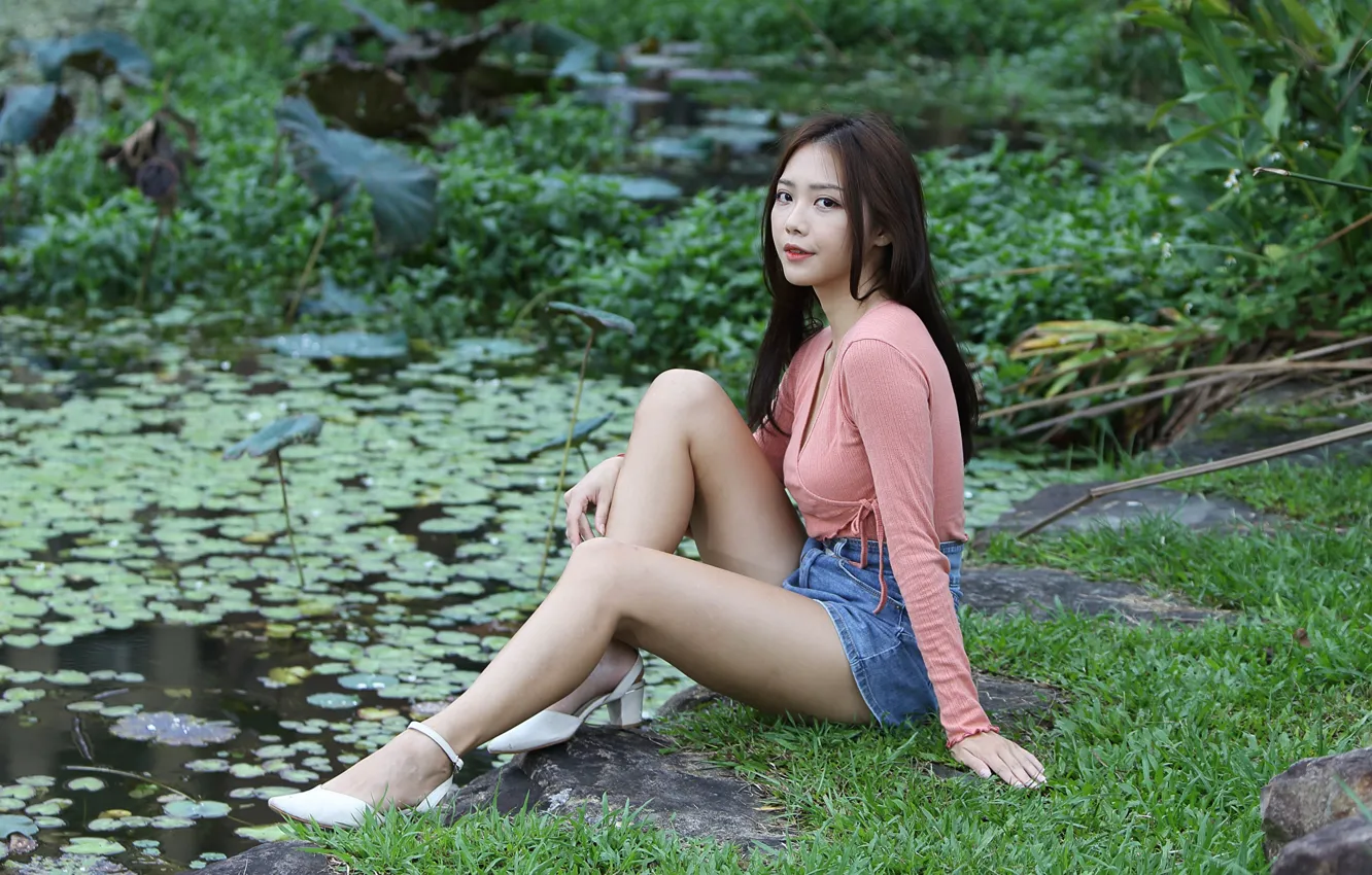 Photo wallpaper look, pose, pond, model, skirt, portrait, makeup, figure