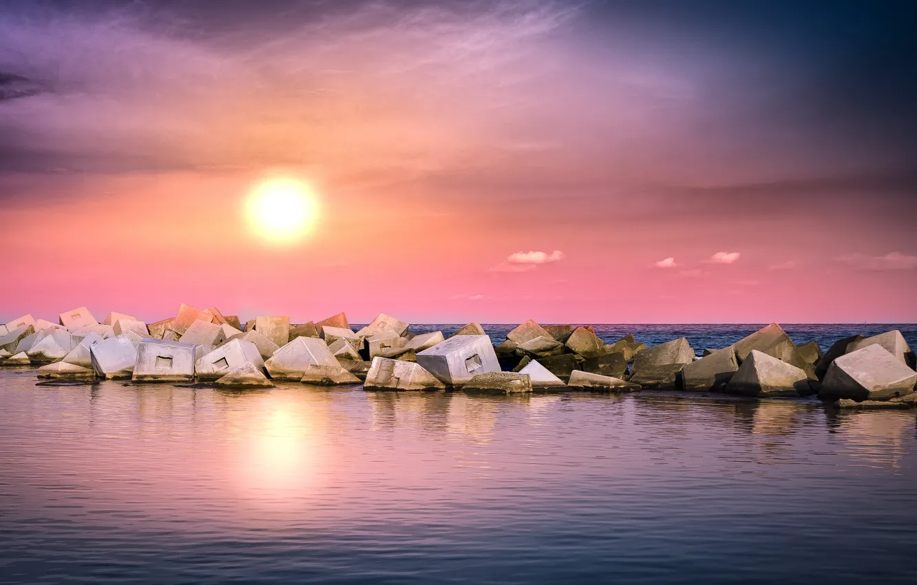 Photo wallpaper sea, landscape, sunset, nature, stones