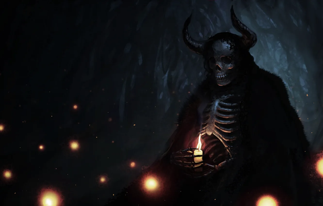 Photo wallpaper night, candles, skeleton, undead