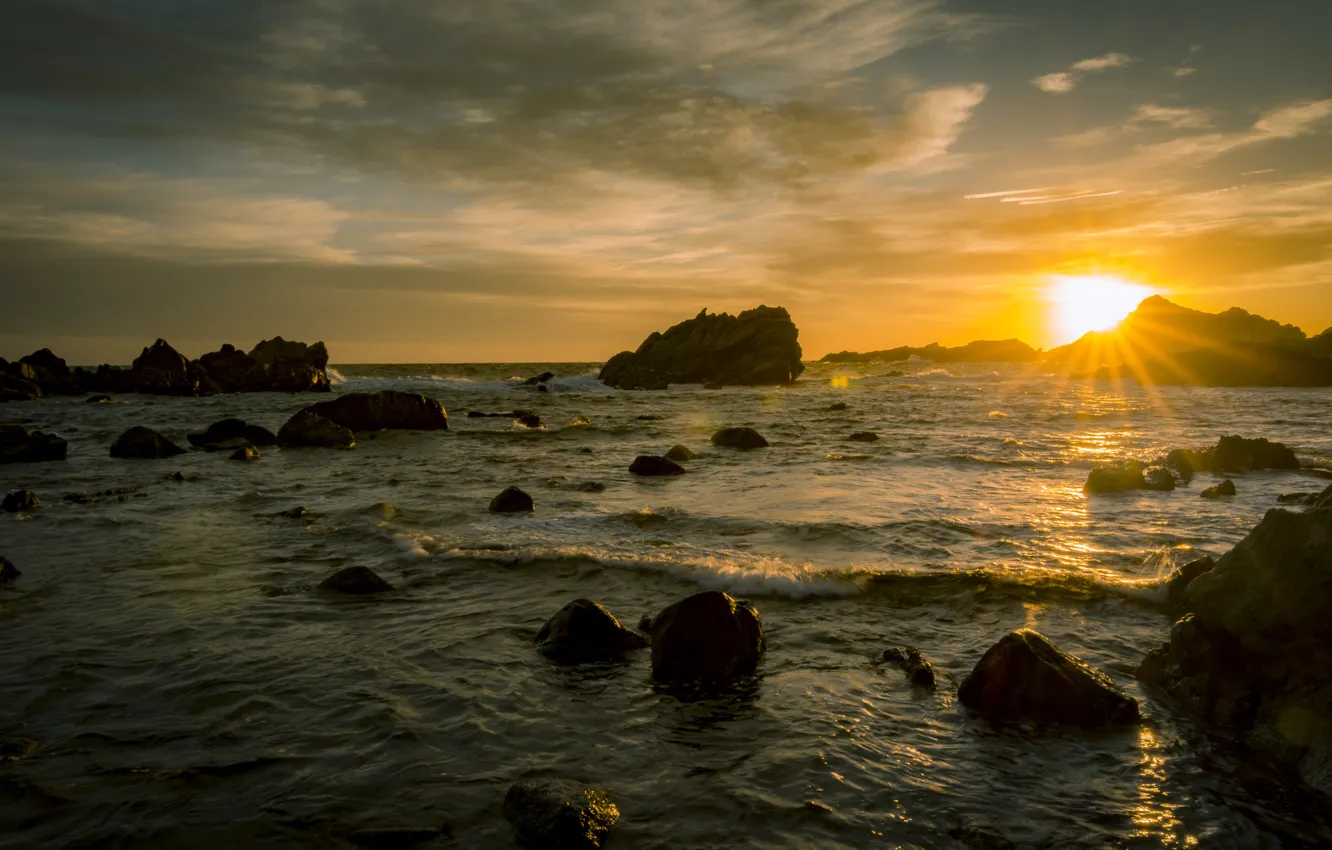 Photo wallpaper sea, the sun, sunset, stones, rocks, shore