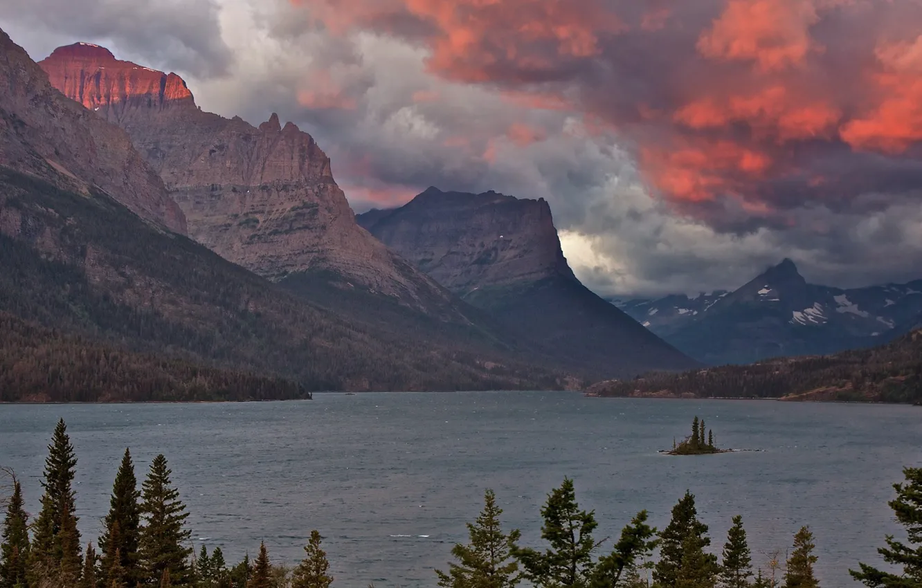 Photo wallpaper the sky, clouds, sunset, mountains, clouds, nature, lake, rocks