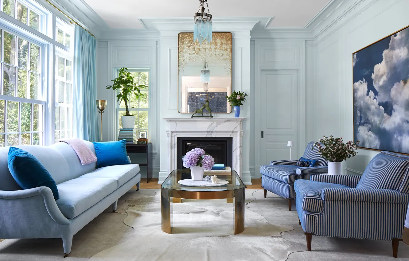 Photo wallpaper design, style, plant, interior, picture, fireplace, bright room, upholstered furniture