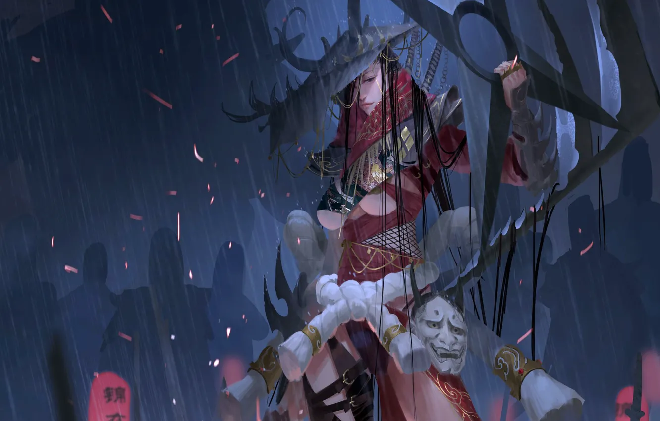 Photo wallpaper girl, sword, fantasy, magic, rain, horns, hat, weapons