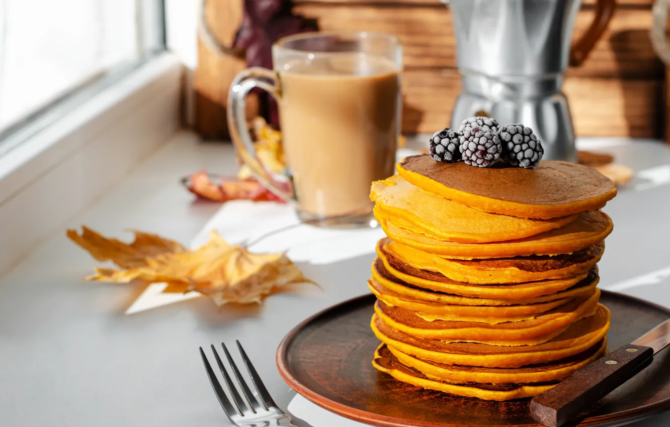 Photo wallpaper berries, coffee, Breakfast, Cup, pumpkin, pancakes, BlackBerry, pancakes