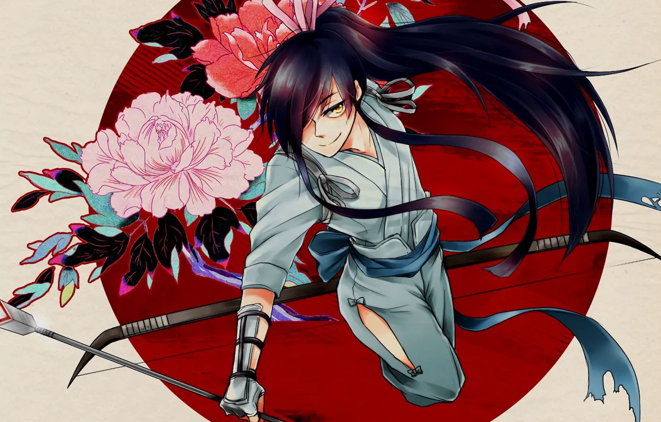 Photo wallpaper flowers, anime, bow, art, guy, peonies, Drifters