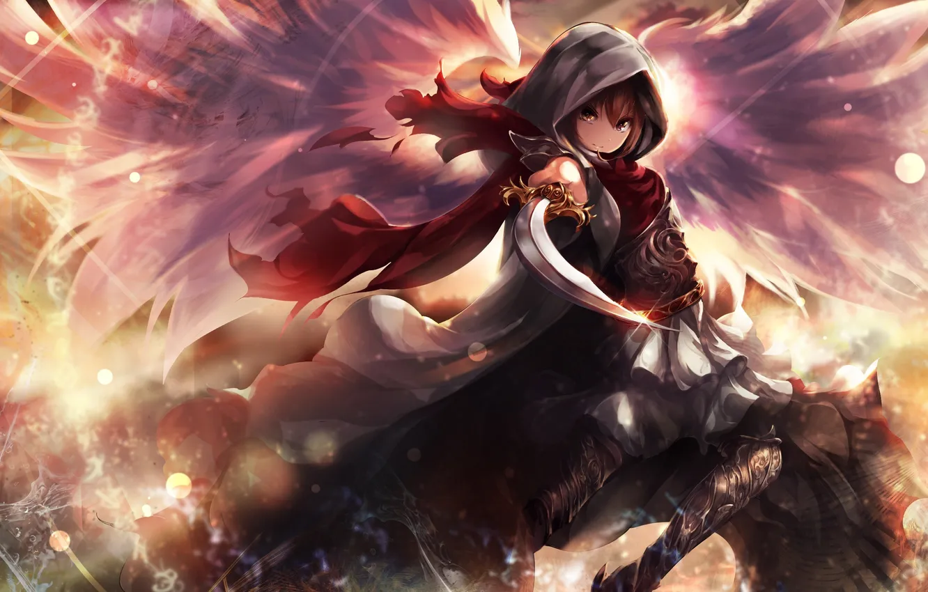 Photo wallpaper girl, weapons, wings, art, hood, cloak, blade, riburanomind