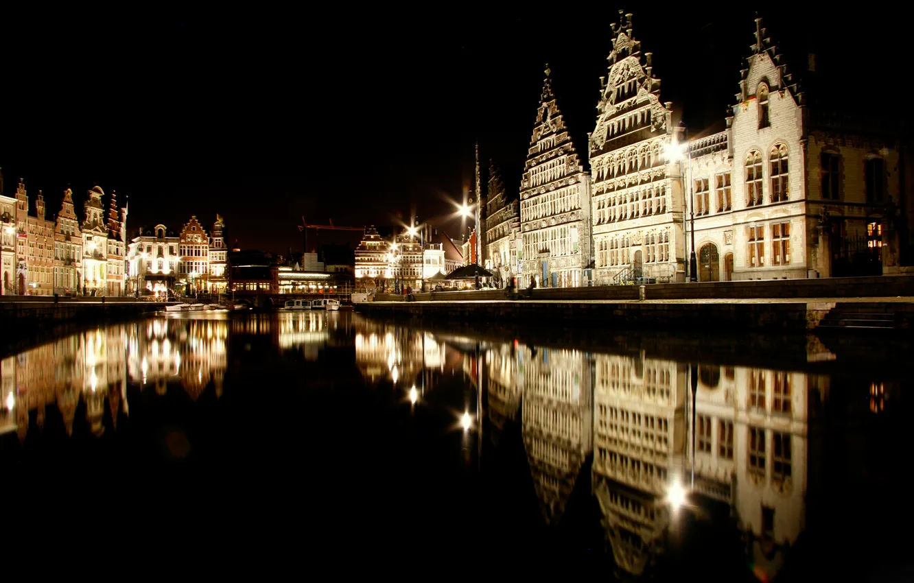Photo wallpaper night, lights, reflection, home, channel, Belgium, facade, Belgium