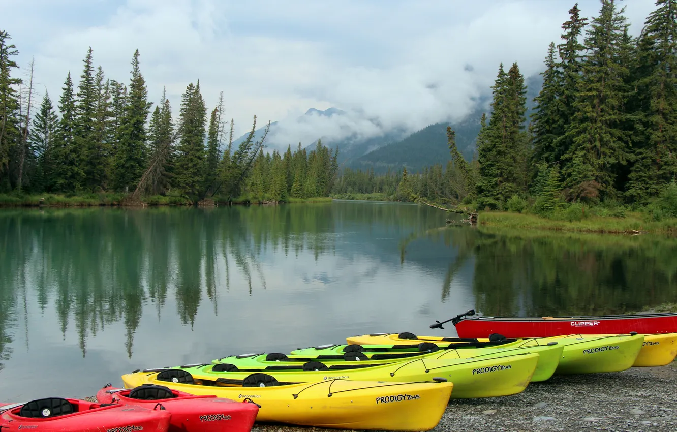 Photo wallpaper trees, mountains, river, boat
