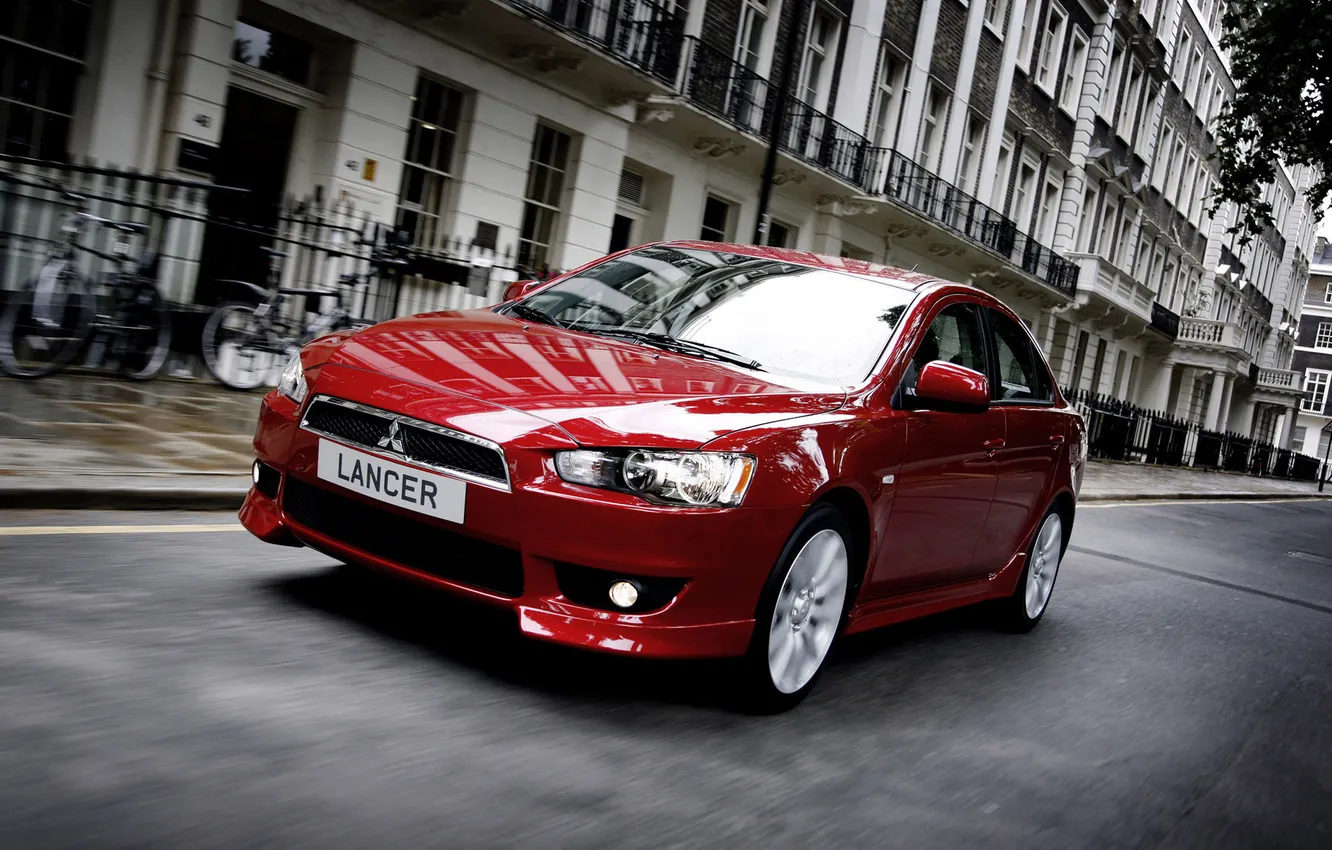 Photo wallpaper red, street, building, Mitsubishi, Lancer, facade, Sedan, Mitsubishi