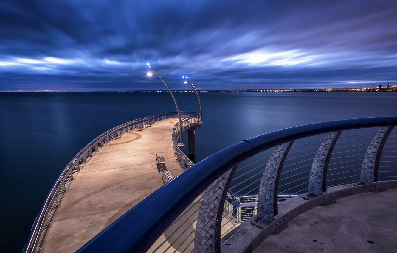 Photo wallpaper sea, bridge, the city, lights, Ontario, Blue Hour, Long Exposure, Brian Krouskie