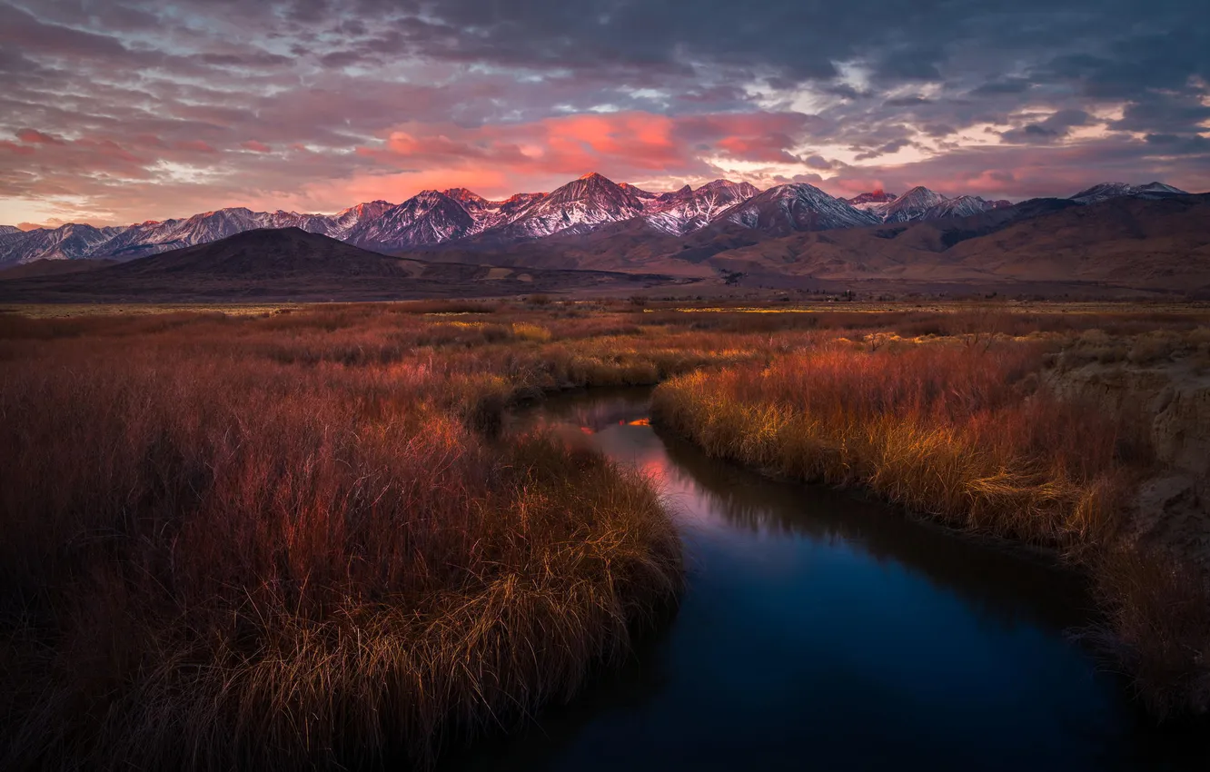 Photo wallpaper landscape, mountains, nature, river, dawn