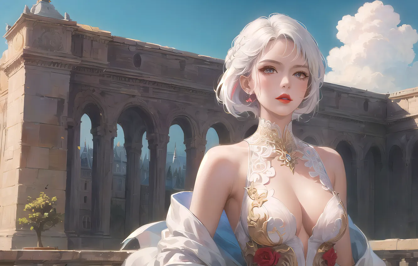 Photo wallpaper short hair, fantasy girl, fantasy castle, AI Art