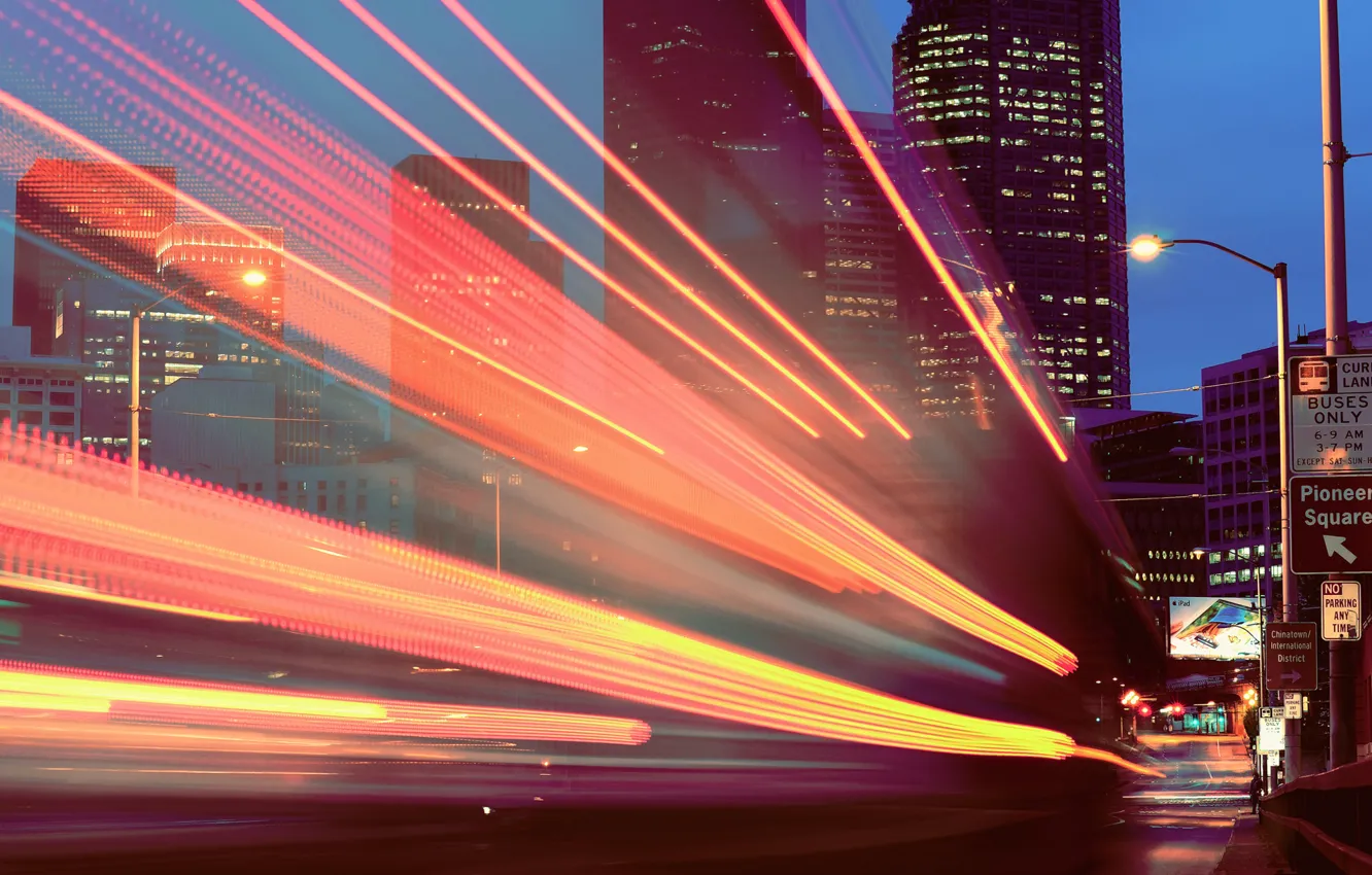 Photo wallpaper road, light, the city, lights, the evening, excerpt