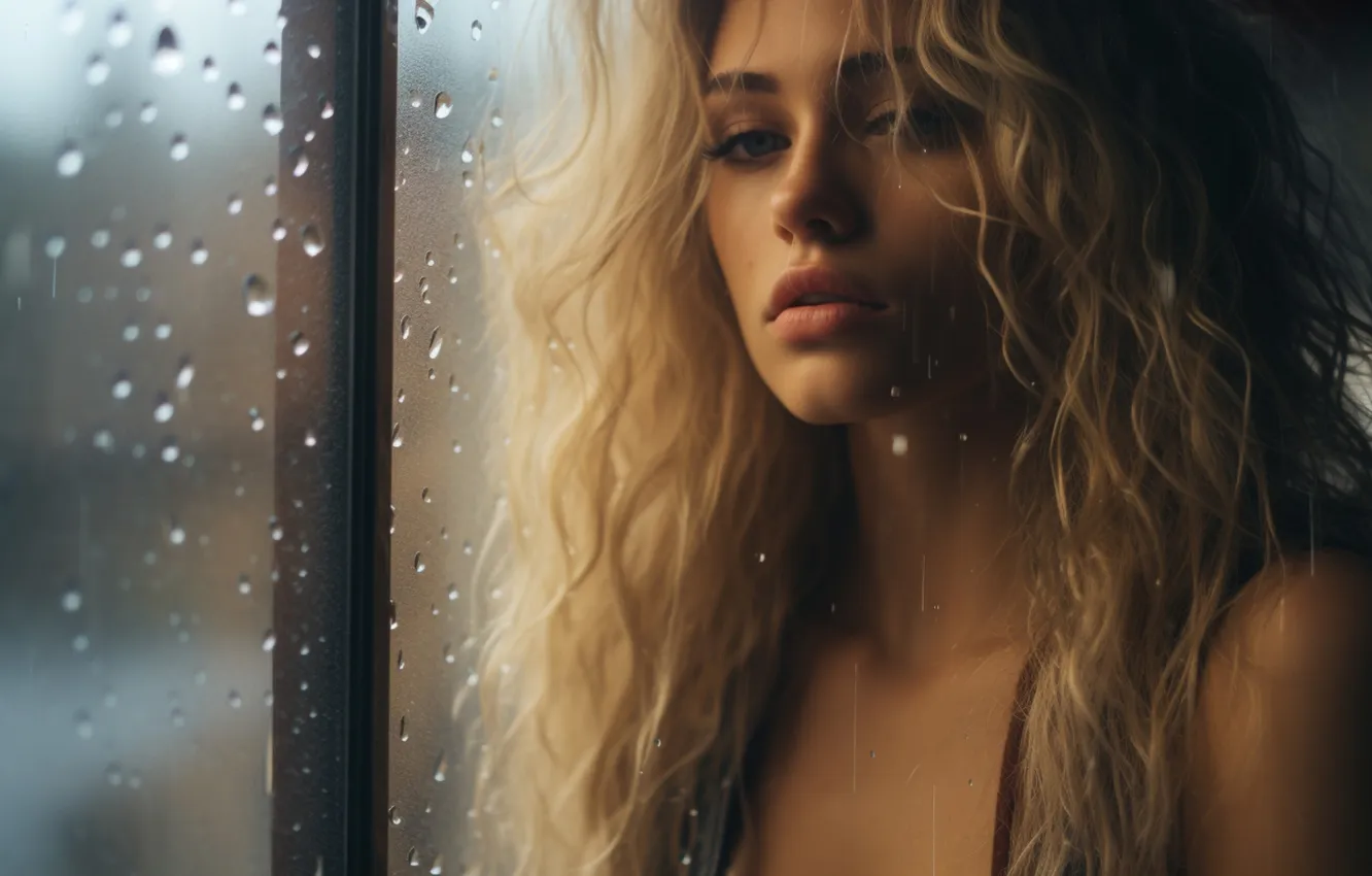 Photo wallpaper sadness, look, glass, girl, drops, face, pose, rain