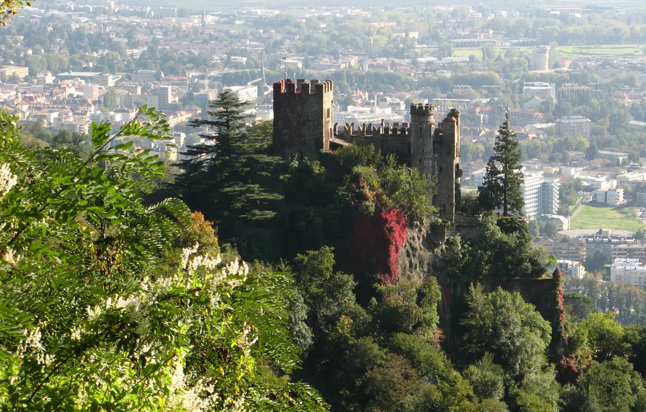 Photo wallpaper trees, the city, castle, rocks, view, tower, Italy, panorama