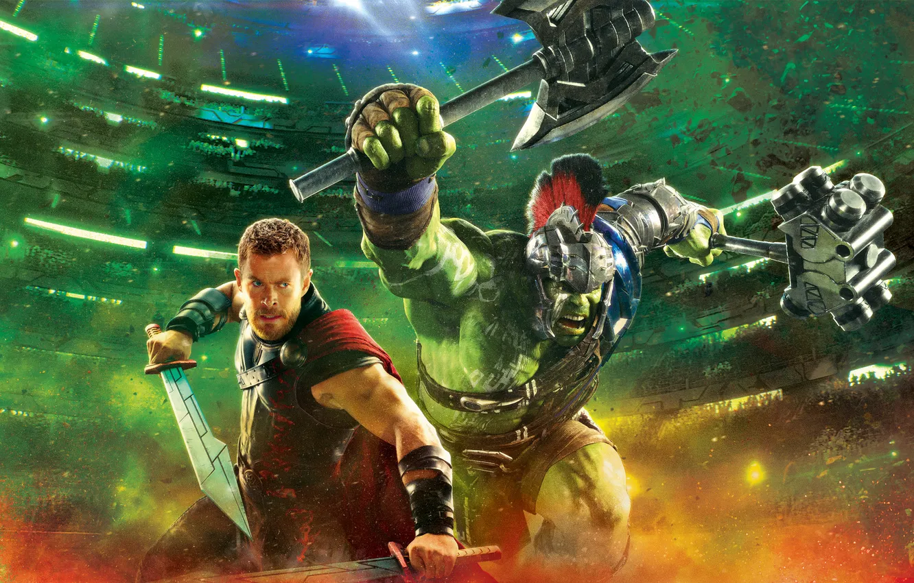 Photo wallpaper Hulk, sword, Marvel, poster, helmet, comic, Thor: Ragnarok, hammer