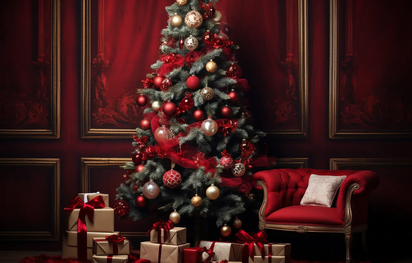 Photo wallpaper room, tree, interior, Christmas, New year, Christmas, view, tree