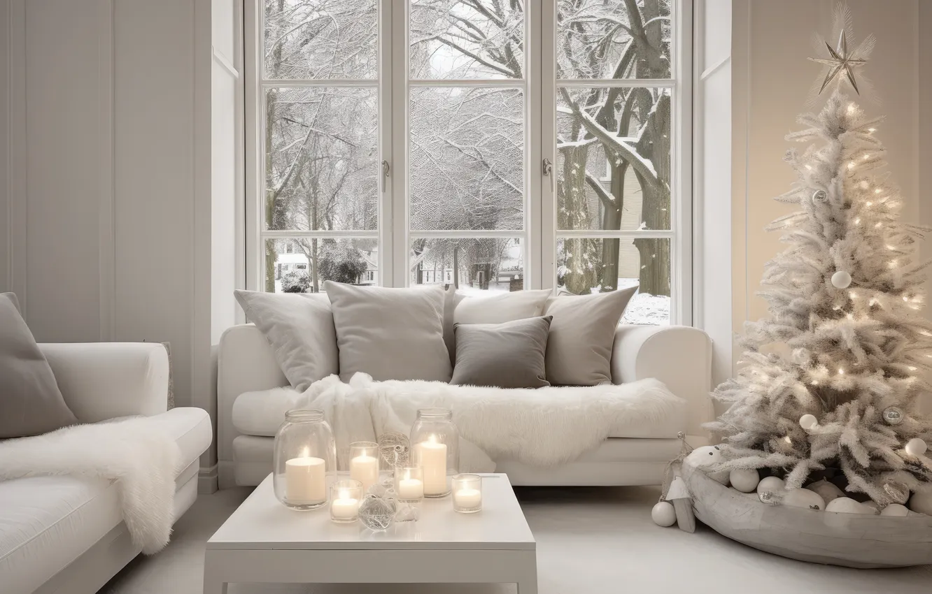 Photo wallpaper winter, snow, decoration, room, sofa, tree, new year, interior