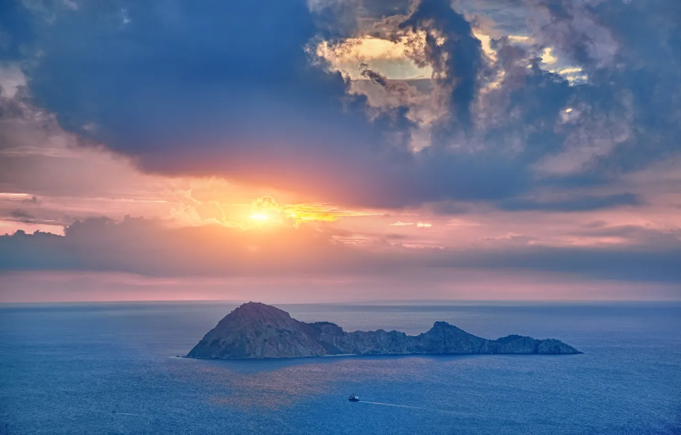 Photo wallpaper sea, the sky, sunset, rocks, ship, Turkey, Turkey, The Mediterranean sea