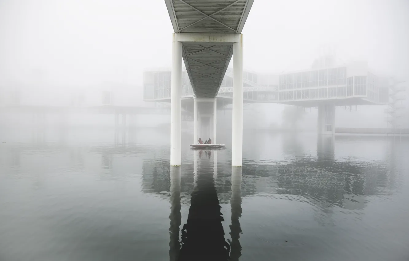 Photo wallpaper bridge, the city, river, people, white, boat, minimalism