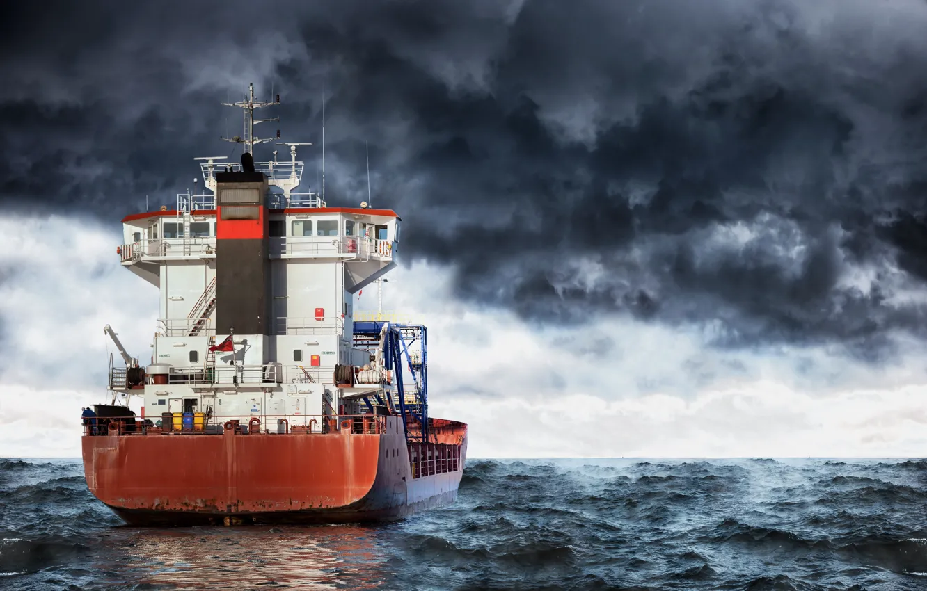 Photo wallpaper sea, wave, the sky, clouds, overcast, ship, horizon, tanker