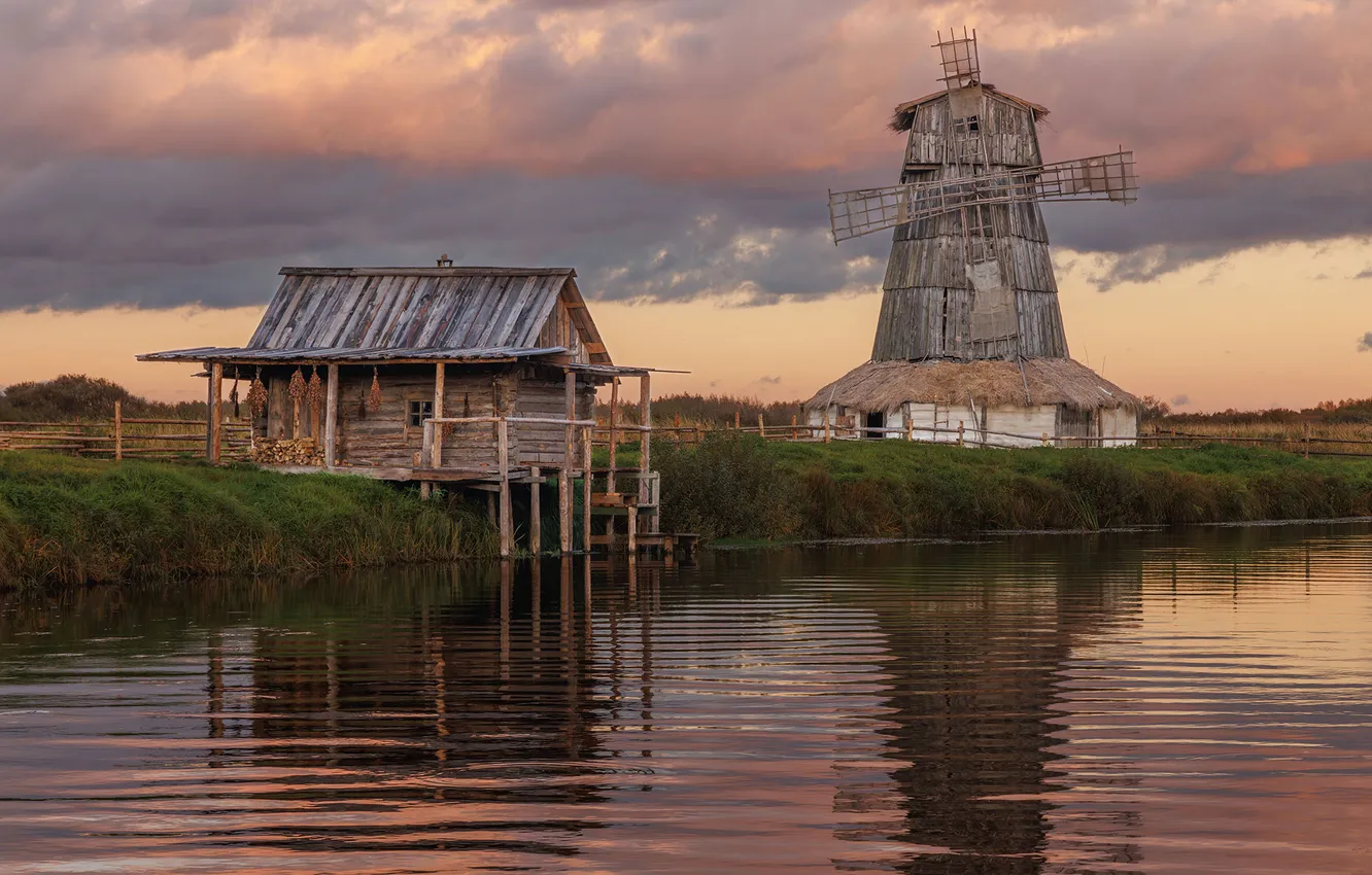 Photo wallpaper clouds, buildings, pond, windmill, Sergey Morozov