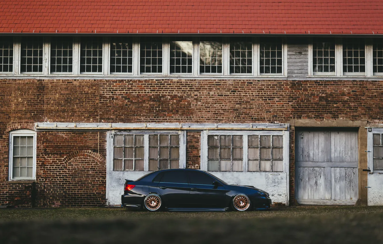 Photo wallpaper the building, Subaru, hangar, wheel, WRX, side