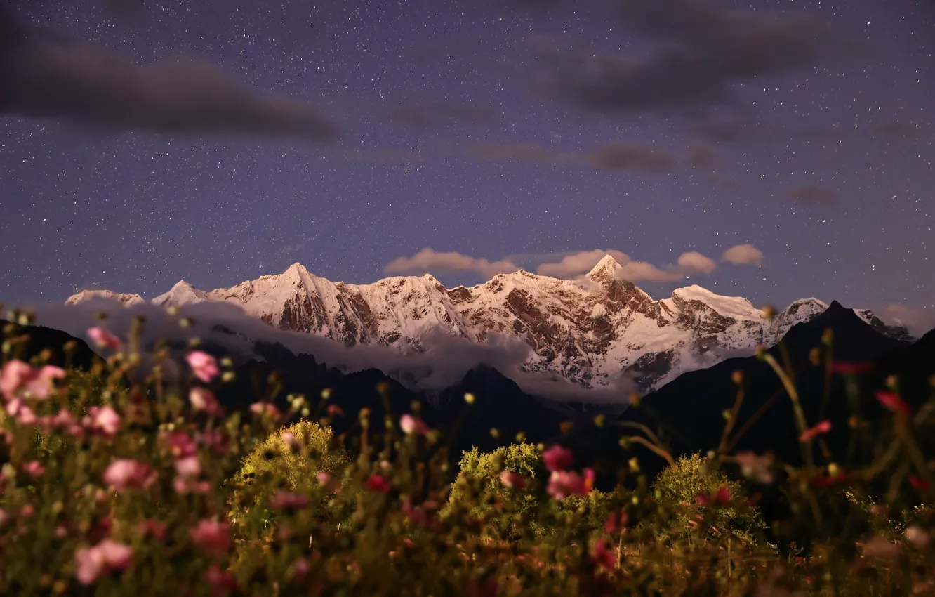 Photo wallpaper sky, night, mountains, clouds, snow, tibet