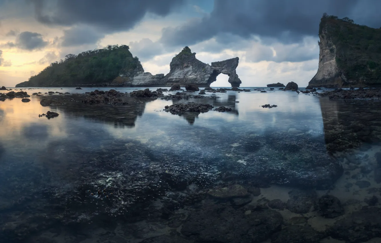 Photo wallpaper sea, reflection, rocks, the bottom, Bay, pond