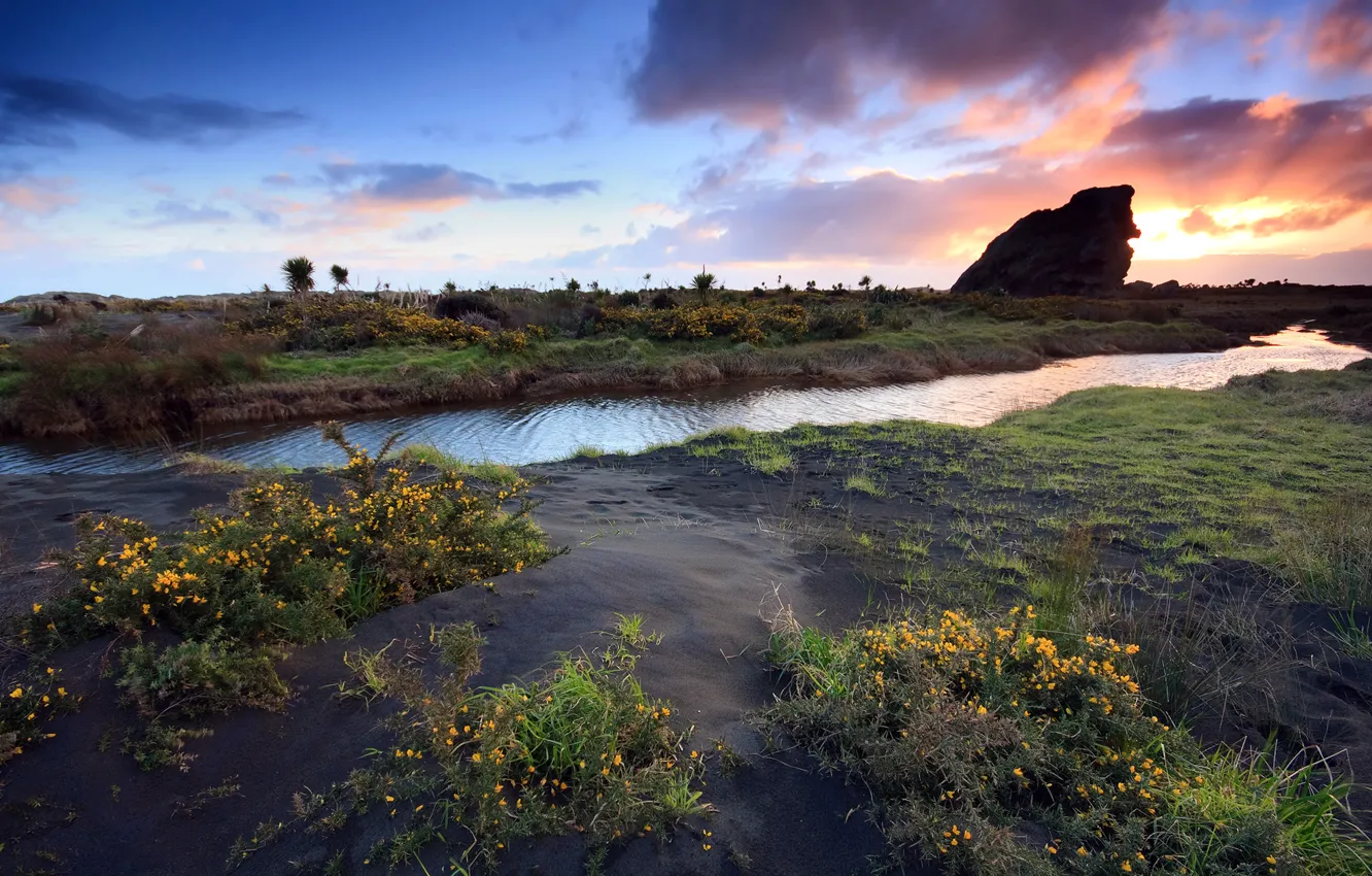 Photo wallpaper grass, sunset, river, rocks